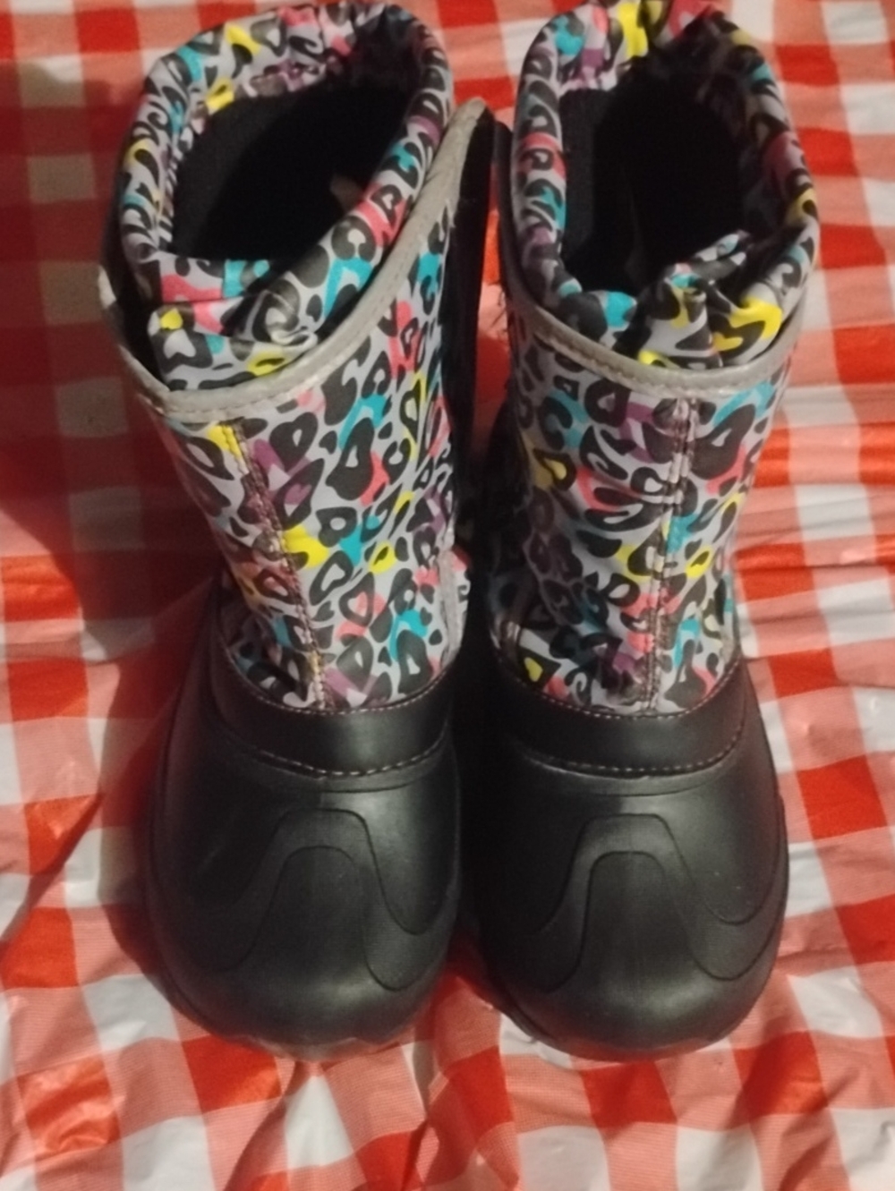 Kids Waterproof Snow Boots in Black with Multicolor Print